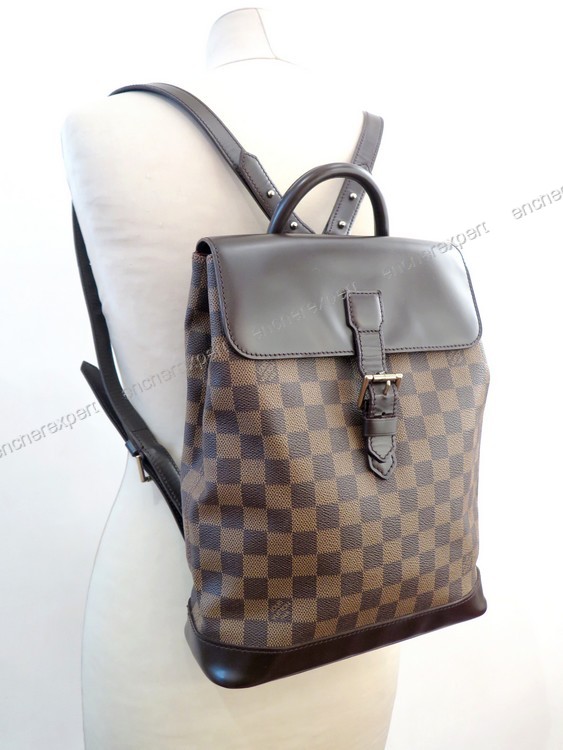 LOUIS VUITTON SAC À DOS SOHO en toile damier et cuir glacé chocolat,  garnitures en laiton